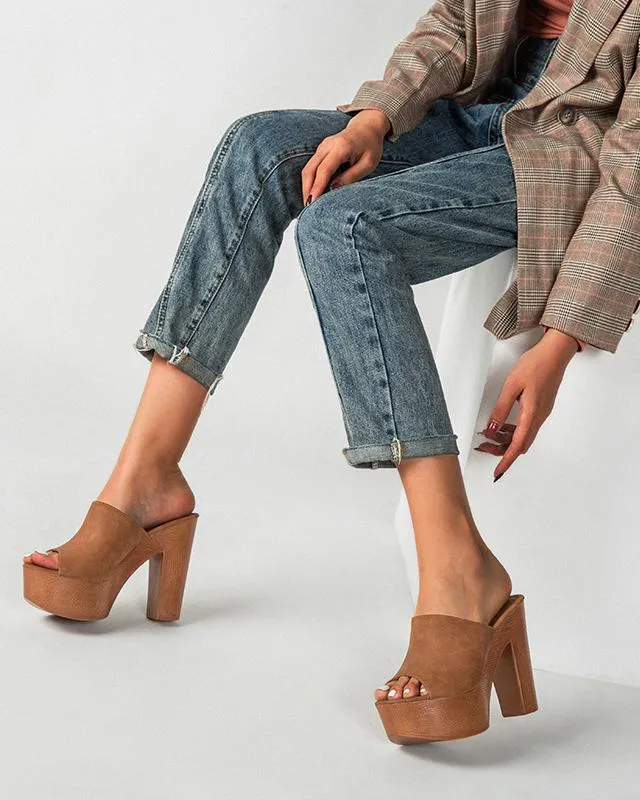 Chunky Heel Peep Toe Mule Sandals - Brown