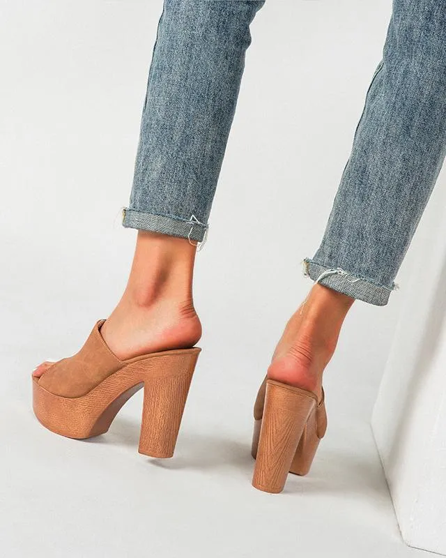 Chunky Heel Peep Toe Mule Sandals - Brown