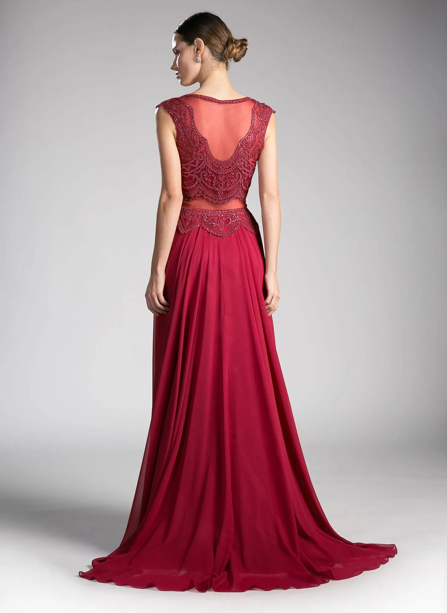 Cinderella Divine CD0113 Illusion Beaded Formal Gown Cap Sleeves
