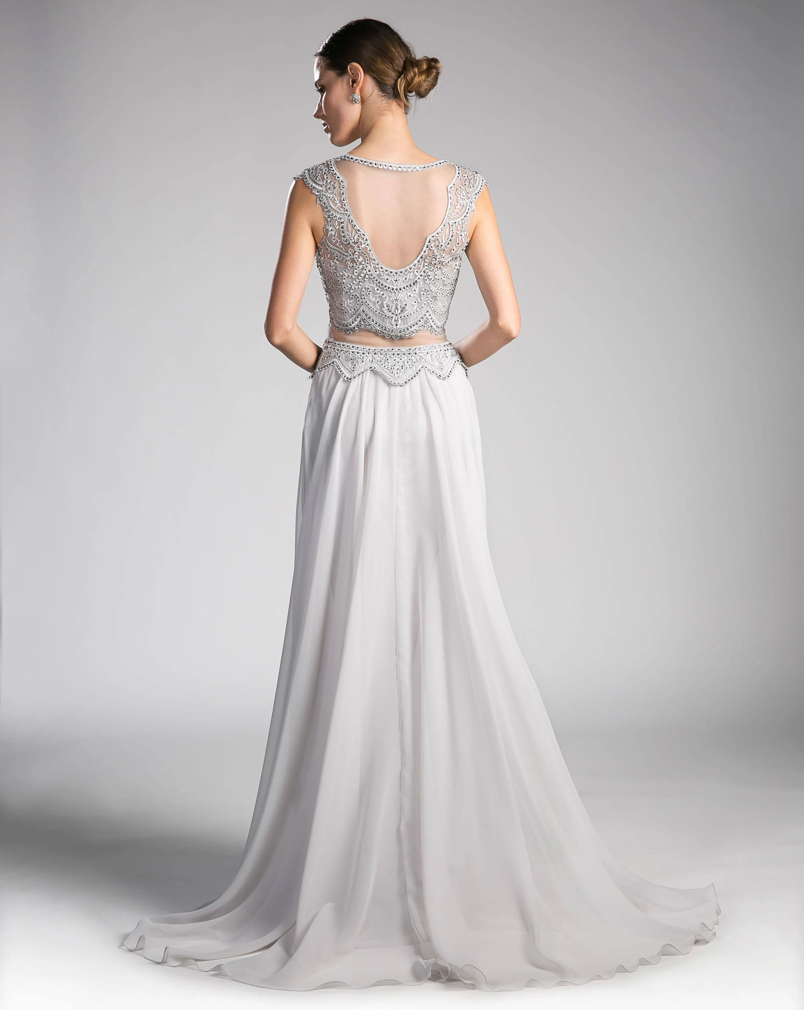 Cinderella Divine CD0113 Illusion Beaded Formal Gown Cap Sleeves
