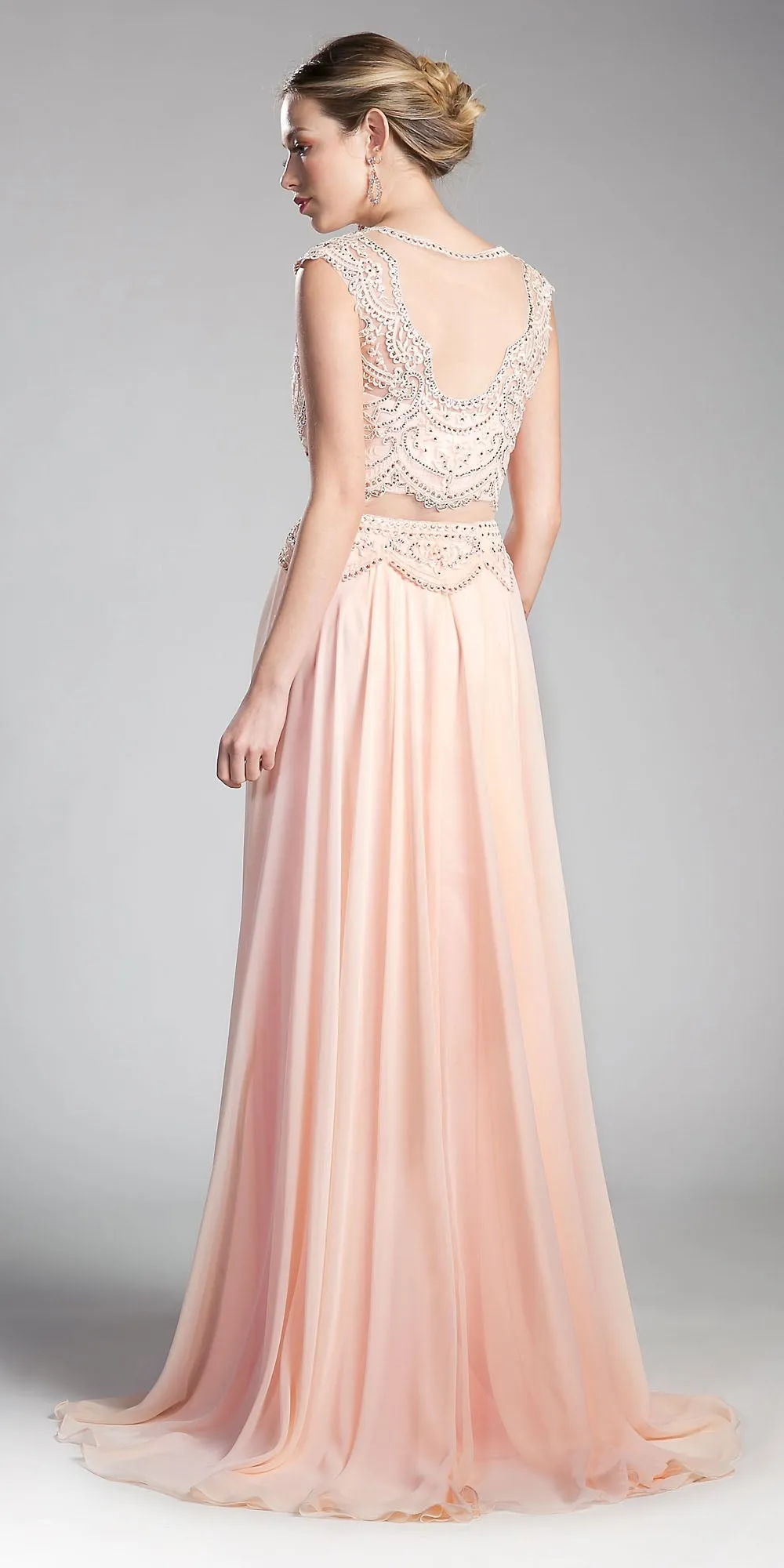 Cinderella Divine CD0113 Illusion Beaded Formal Gown Cap Sleeves