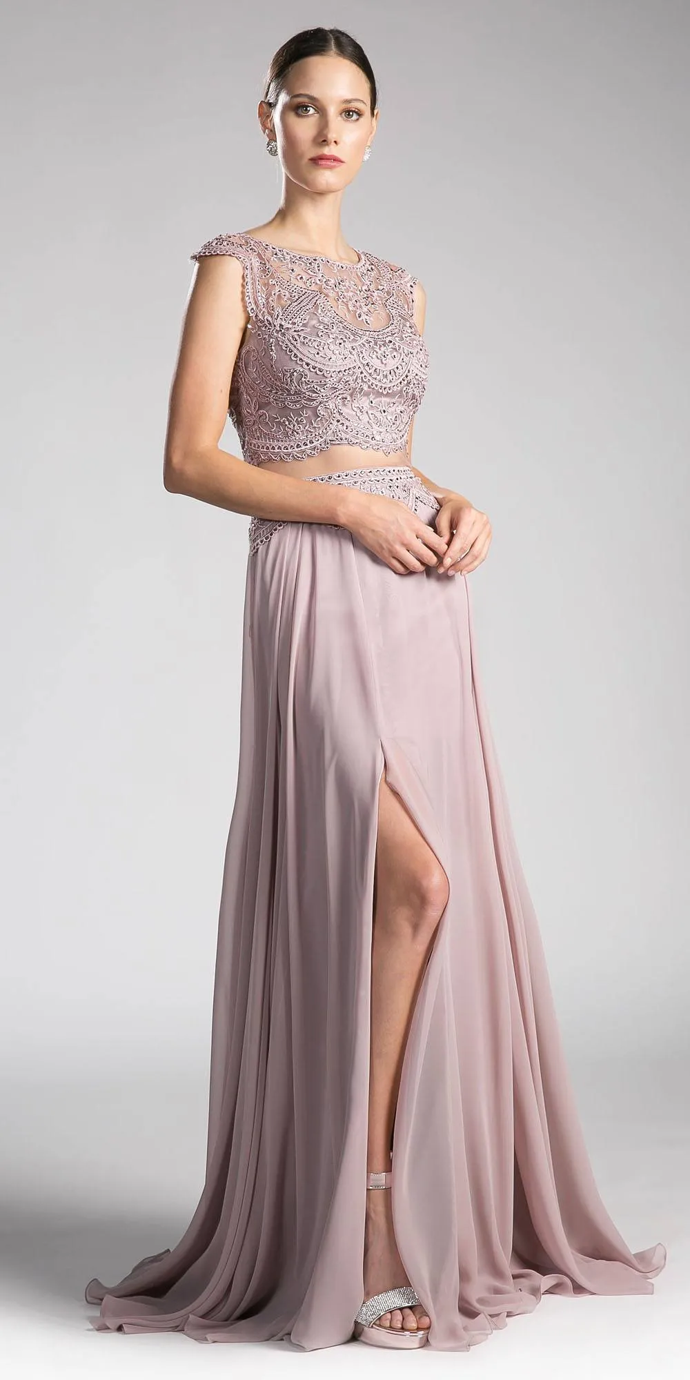 Cinderella Divine CD0113 Illusion Beaded Formal Gown Cap Sleeves