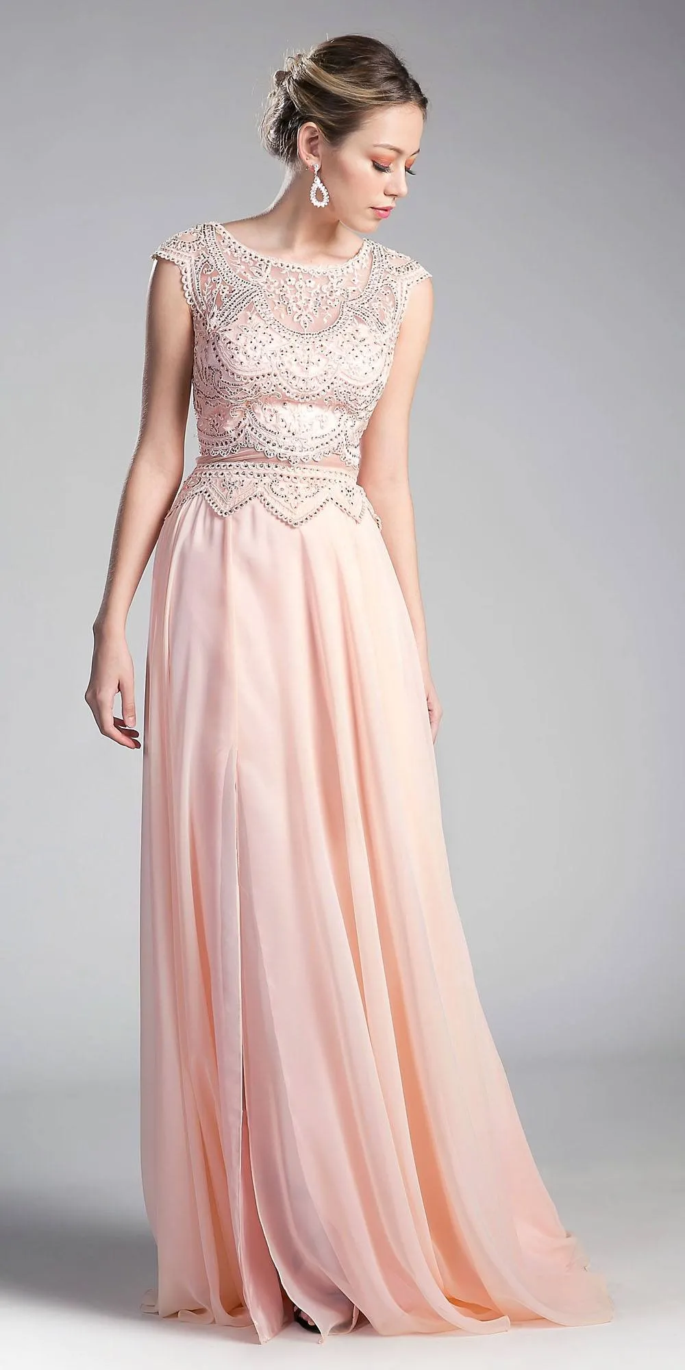 Cinderella Divine CD0113 Illusion Beaded Formal Gown Cap Sleeves