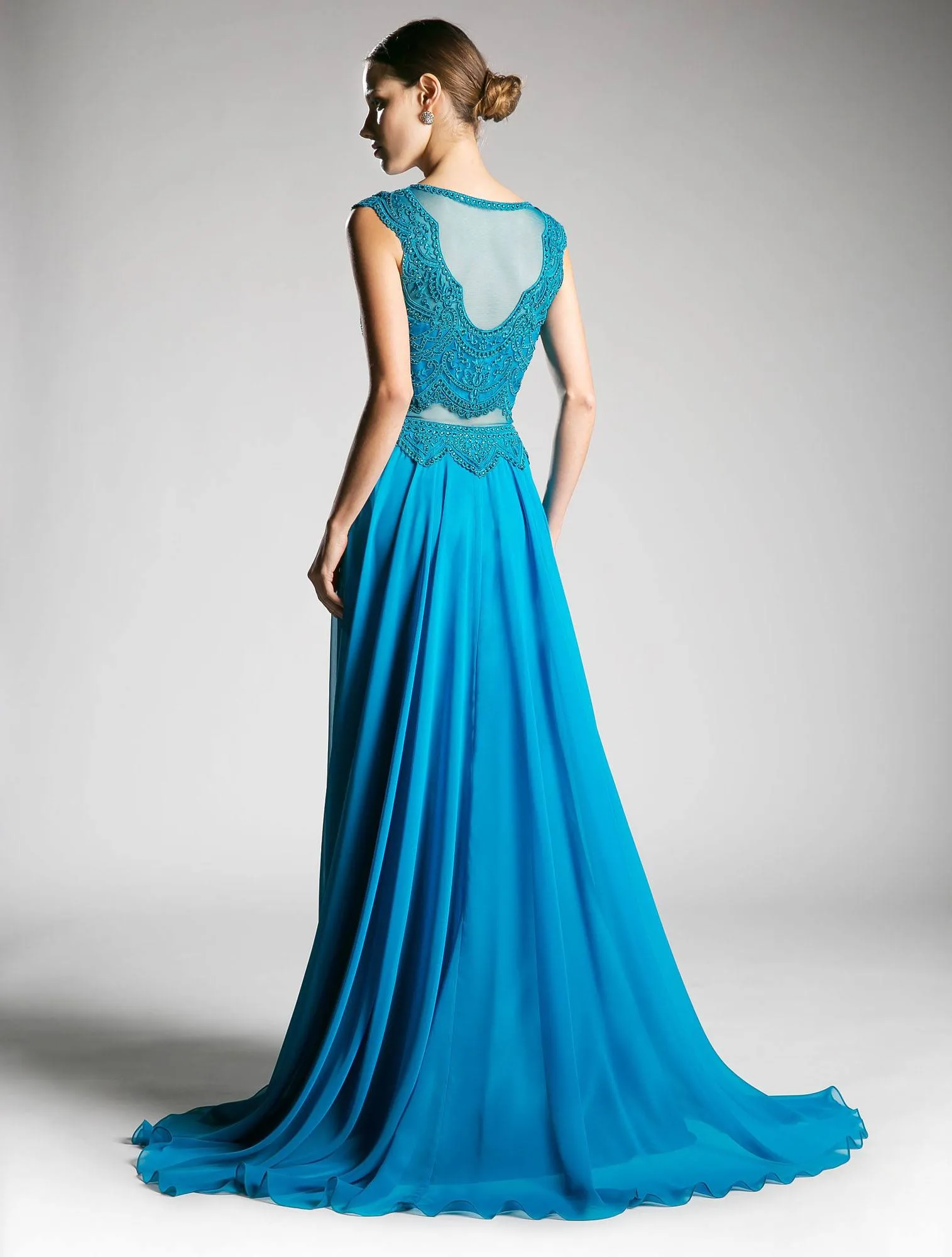 Cinderella Divine CD0113 Illusion Beaded Formal Gown Cap Sleeves