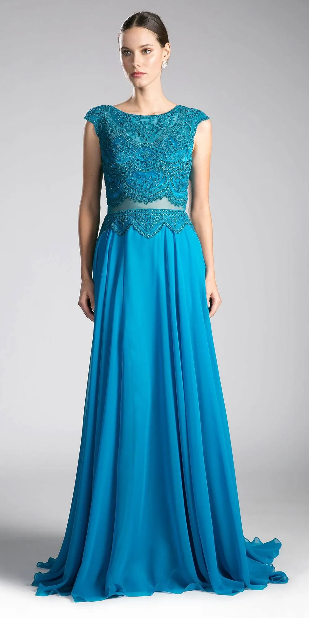 Cinderella Divine CD0113 Illusion Beaded Formal Gown Cap Sleeves