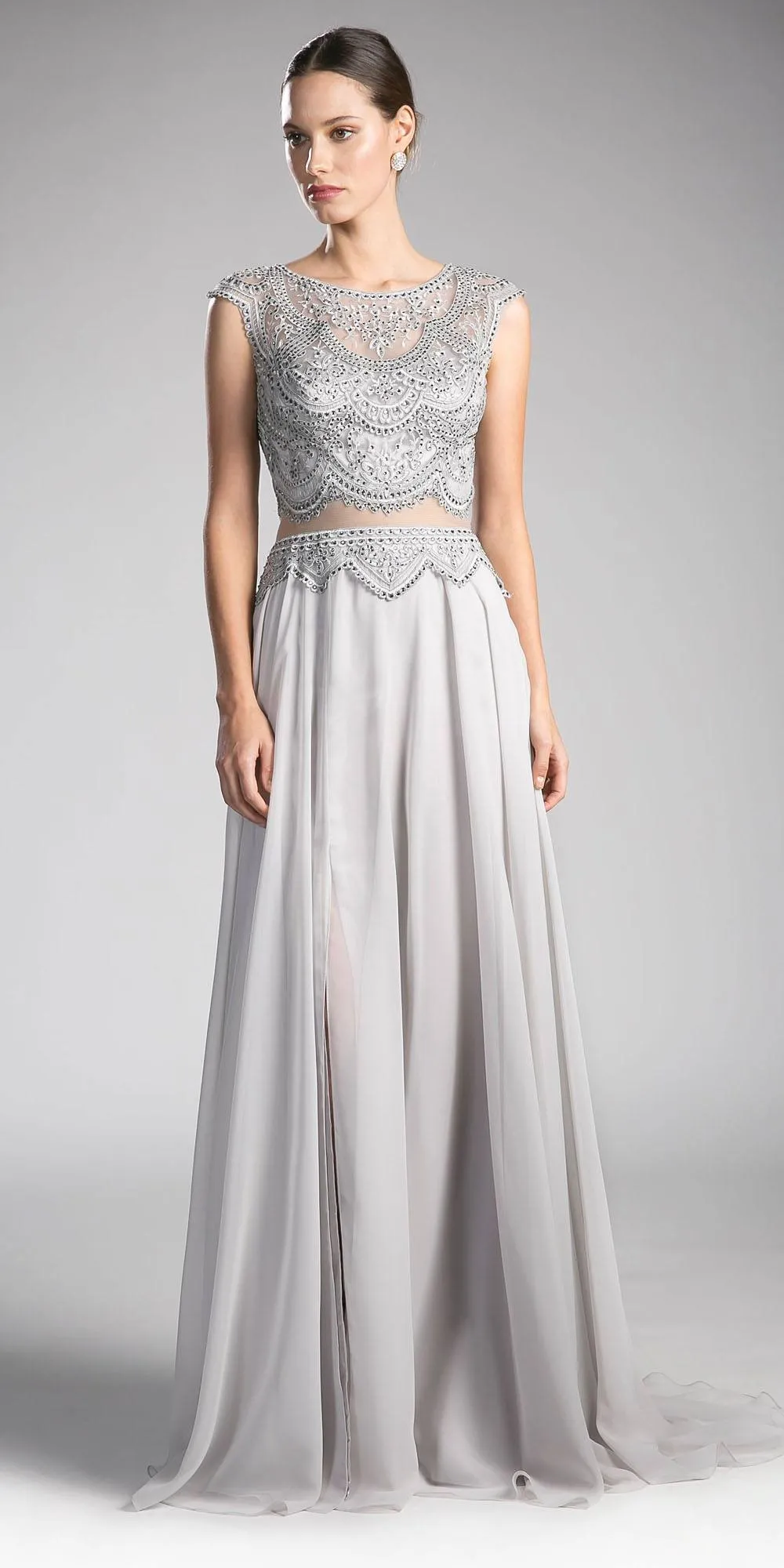 Cinderella Divine CD0113 Illusion Beaded Formal Gown Cap Sleeves