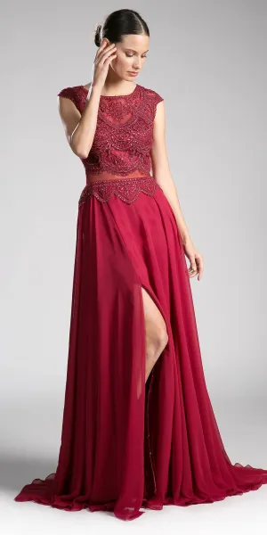 Cinderella Divine CD0113 Illusion Beaded Formal Gown Cap Sleeves