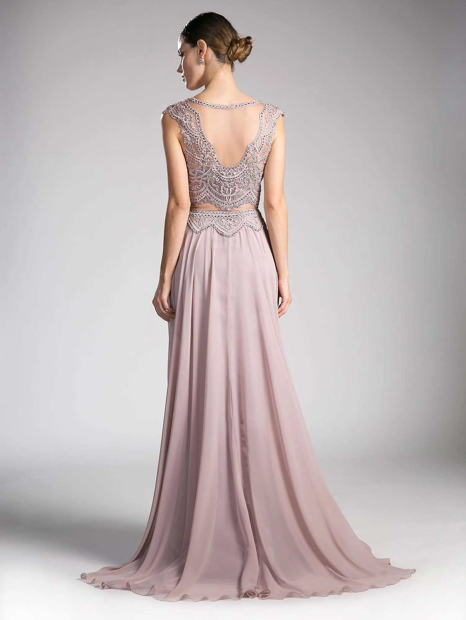 Cinderella Divine CD0113 Illusion Beaded Formal Gown Cap Sleeves