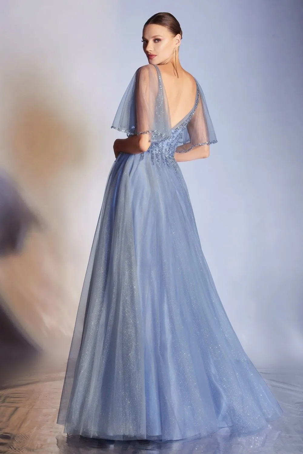 Cinderella Divine CD0175 Floor Length Layered Tulle A-Line Gown Butterfly Sleeve