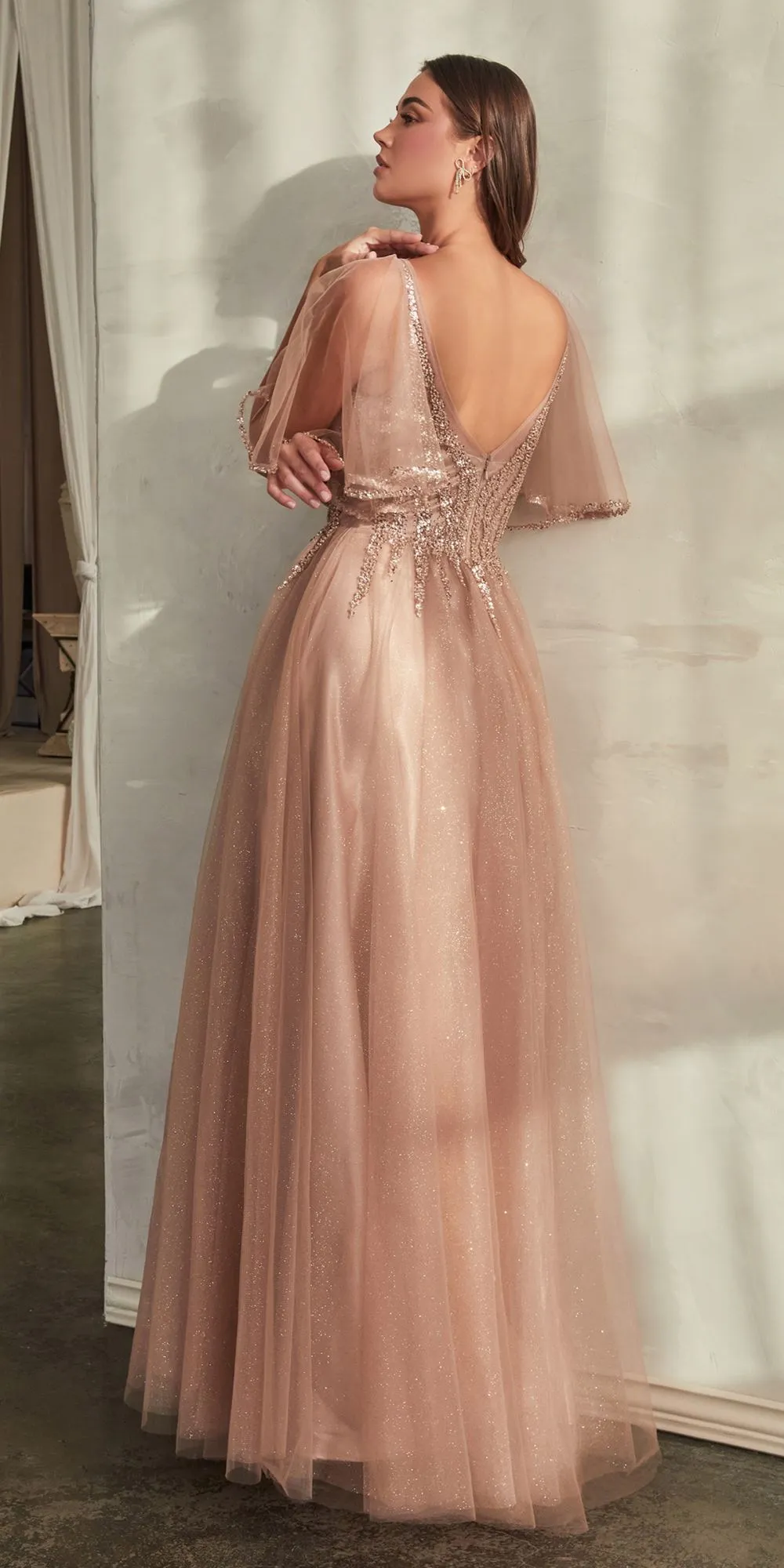 Cinderella Divine CD0175 Floor Length Layered Tulle A-Line Gown Butterfly Sleeve