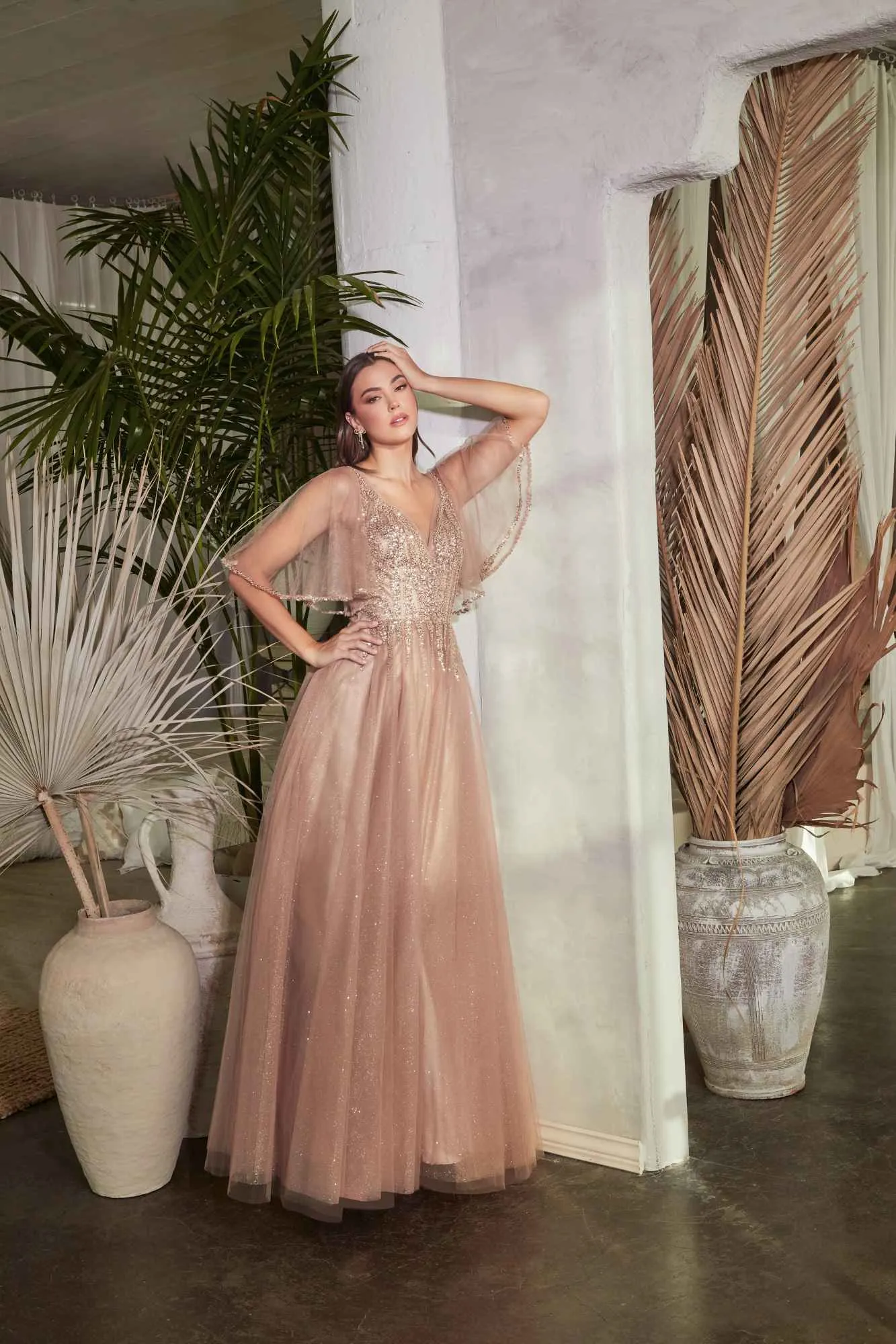 Cinderella Divine CD0175 Floor Length Layered Tulle A-Line Gown Butterfly Sleeve