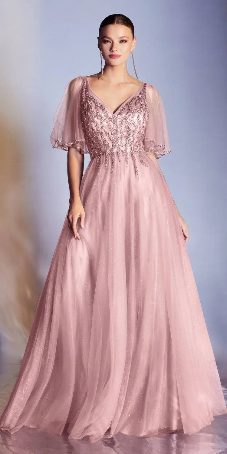 Cinderella Divine CD0175 Floor Length Layered Tulle A-Line Gown Butterfly Sleeve