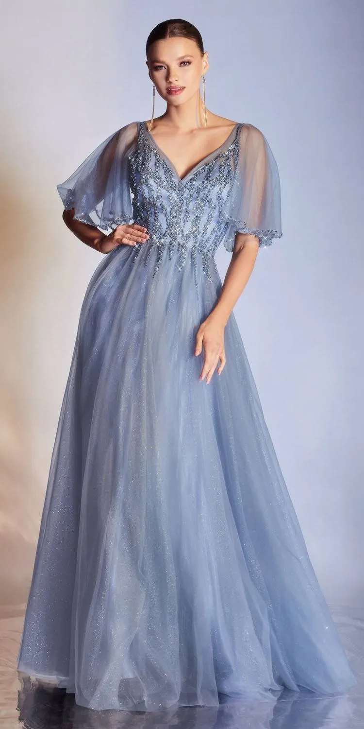 Cinderella Divine CD0175 Floor Length Layered Tulle A-Line Gown Butterfly Sleeve