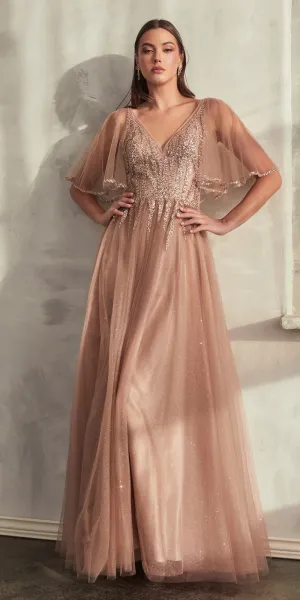 Cinderella Divine CD0175 Floor Length Layered Tulle A-Line Gown Butterfly Sleeve
