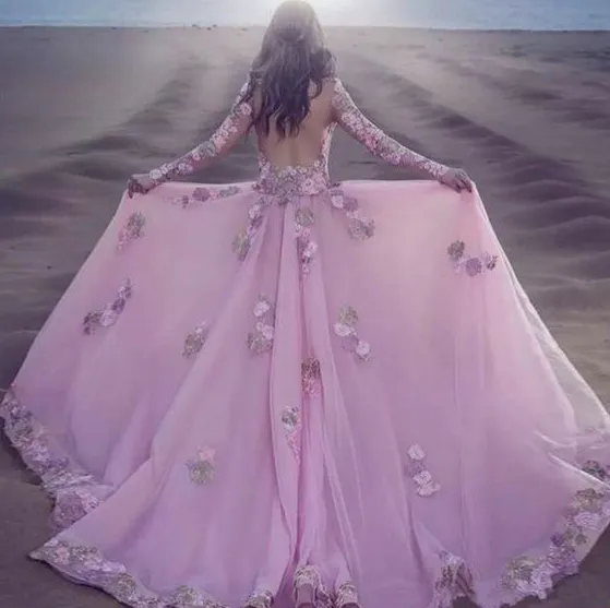 detachable train pink evening dresses long 2020 lace appliqué 3d flowers elegant cheap evening gown
