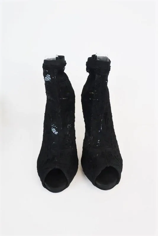 Dolce & Gabbana Lace Peep Toe Ankle Boots Black Size 39 High Heel Sock Booties