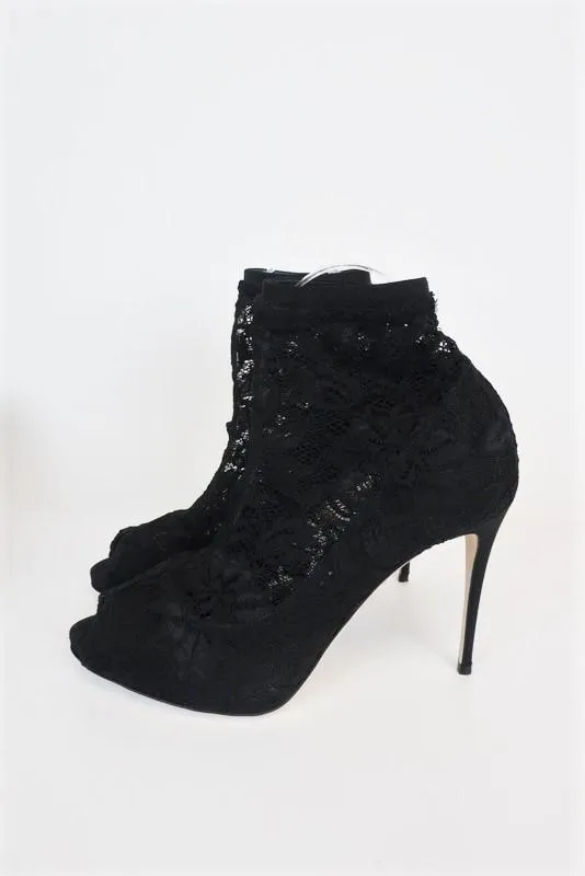 Dolce & Gabbana Lace Peep Toe Ankle Boots Black Size 39 High Heel Sock Booties