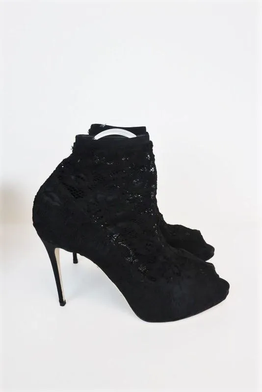 Dolce & Gabbana Lace Peep Toe Ankle Boots Black Size 39 High Heel Sock Booties