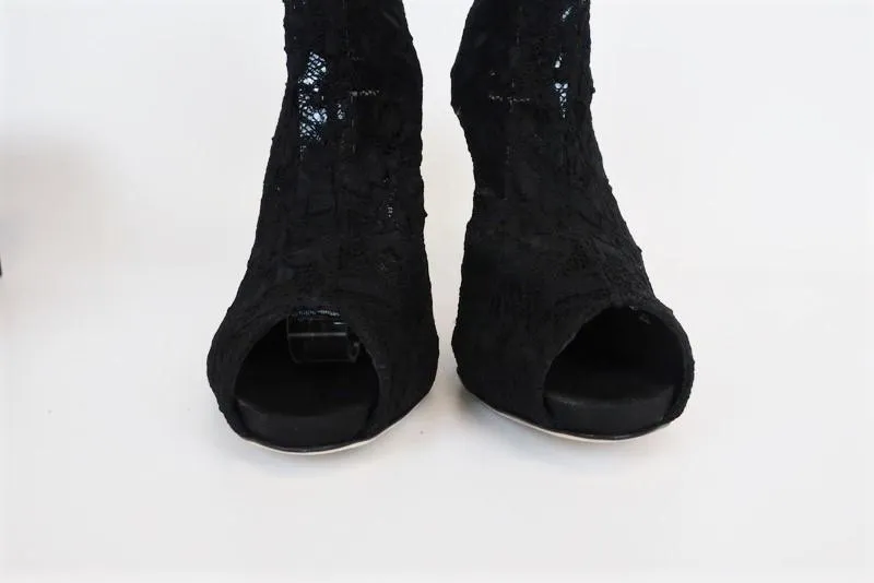 Dolce & Gabbana Lace Peep Toe Ankle Boots Black Size 39 High Heel Sock Booties