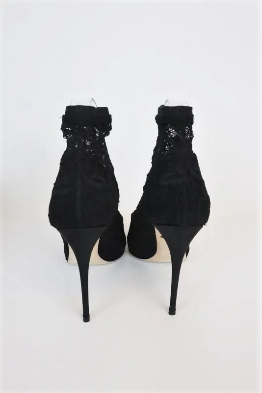 Dolce & Gabbana Lace Peep Toe Ankle Boots Black Size 39 High Heel Sock Booties