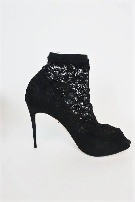 Dolce & Gabbana Lace Peep Toe Ankle Boots Black Size 39 High Heel Sock Booties