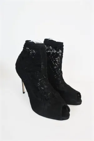 Dolce & Gabbana Lace Peep Toe Ankle Boots Black Size 39 High Heel Sock Booties