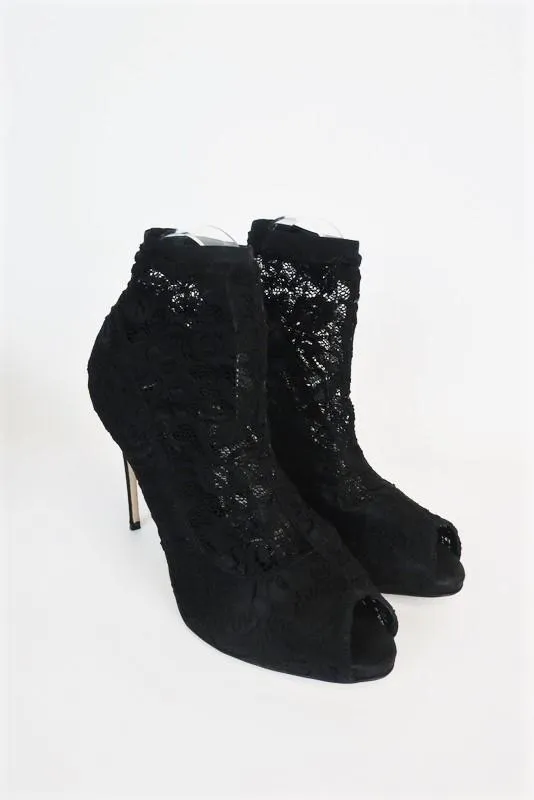 Dolce & Gabbana Lace Peep Toe Ankle Boots Black Size 39 High Heel Sock Booties