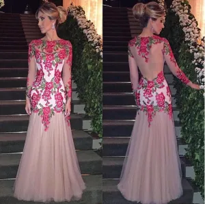 embroidery applique mermaid evening dresses long sleeve champagne cheap sexy formal dresses vestido de Longo