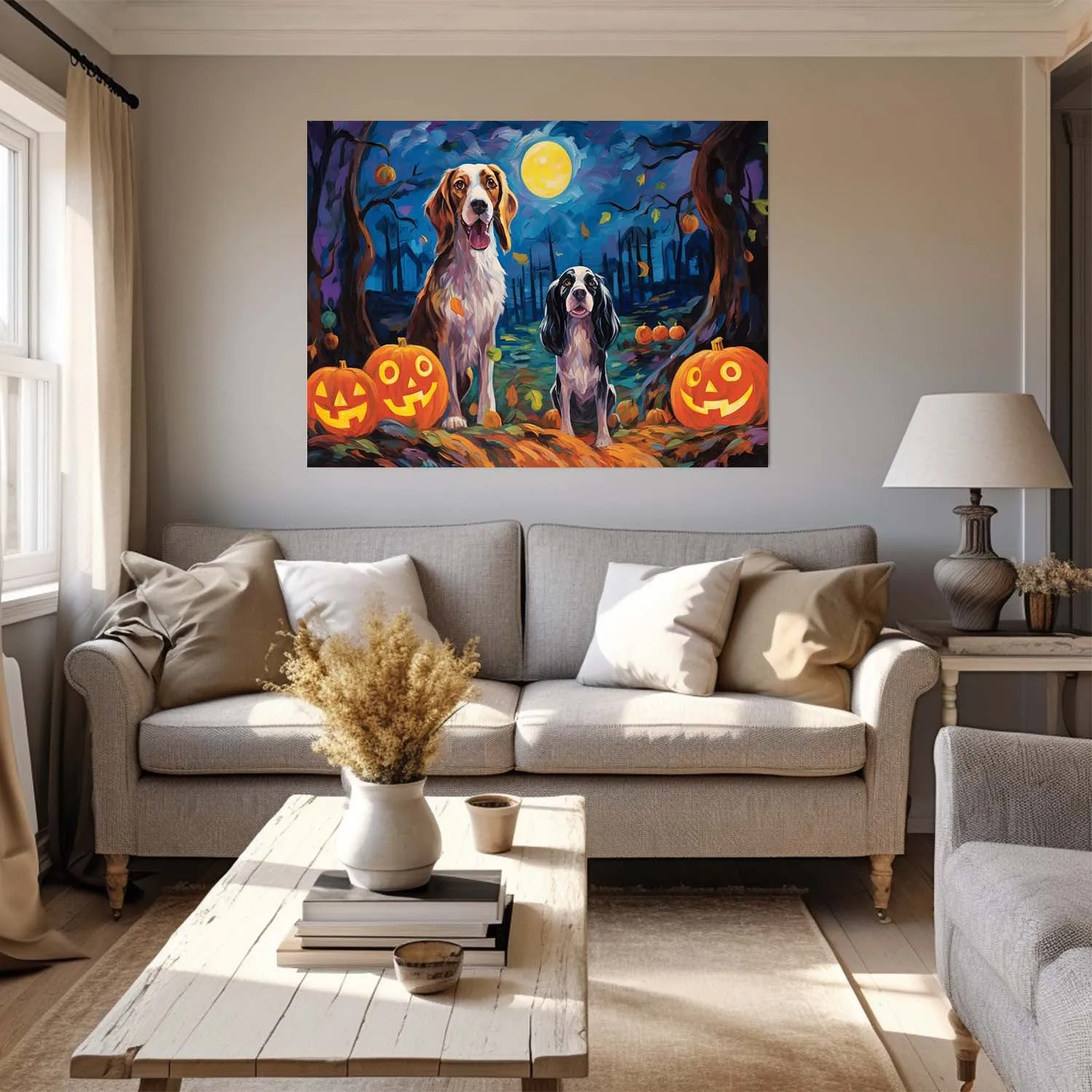 English Setters Dog 02 Halloween With Pumpkin Oil Painting Van Goh Style, Wooden Canvas Prints Wall Art Painting , Canvas 3d Art