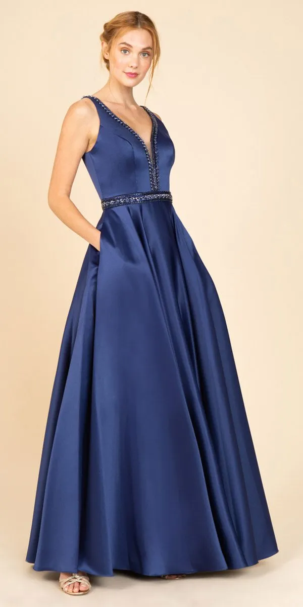 Eureka 9010 Embellished Long Prom Dress V-Neck with Pockets