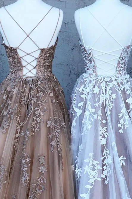 Fancy Spaghetti Straps Formal Prom Party Dress with Appliques Evening Dress OHC556