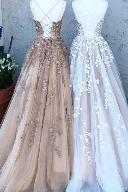 Fancy Spaghetti Straps Formal Prom Party Dress with Appliques Evening Dress OHC556