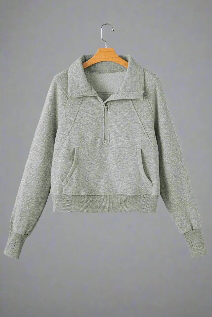 Fleece Lined Zip Up Stand Collar Thumbhole Sleeve Sweatshirt