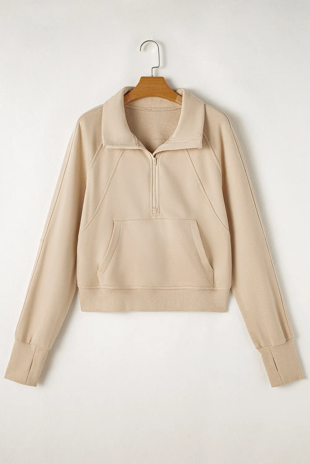 Fleece Lined Zip Up Stand Collar Thumbhole Sleeve Sweatshirt