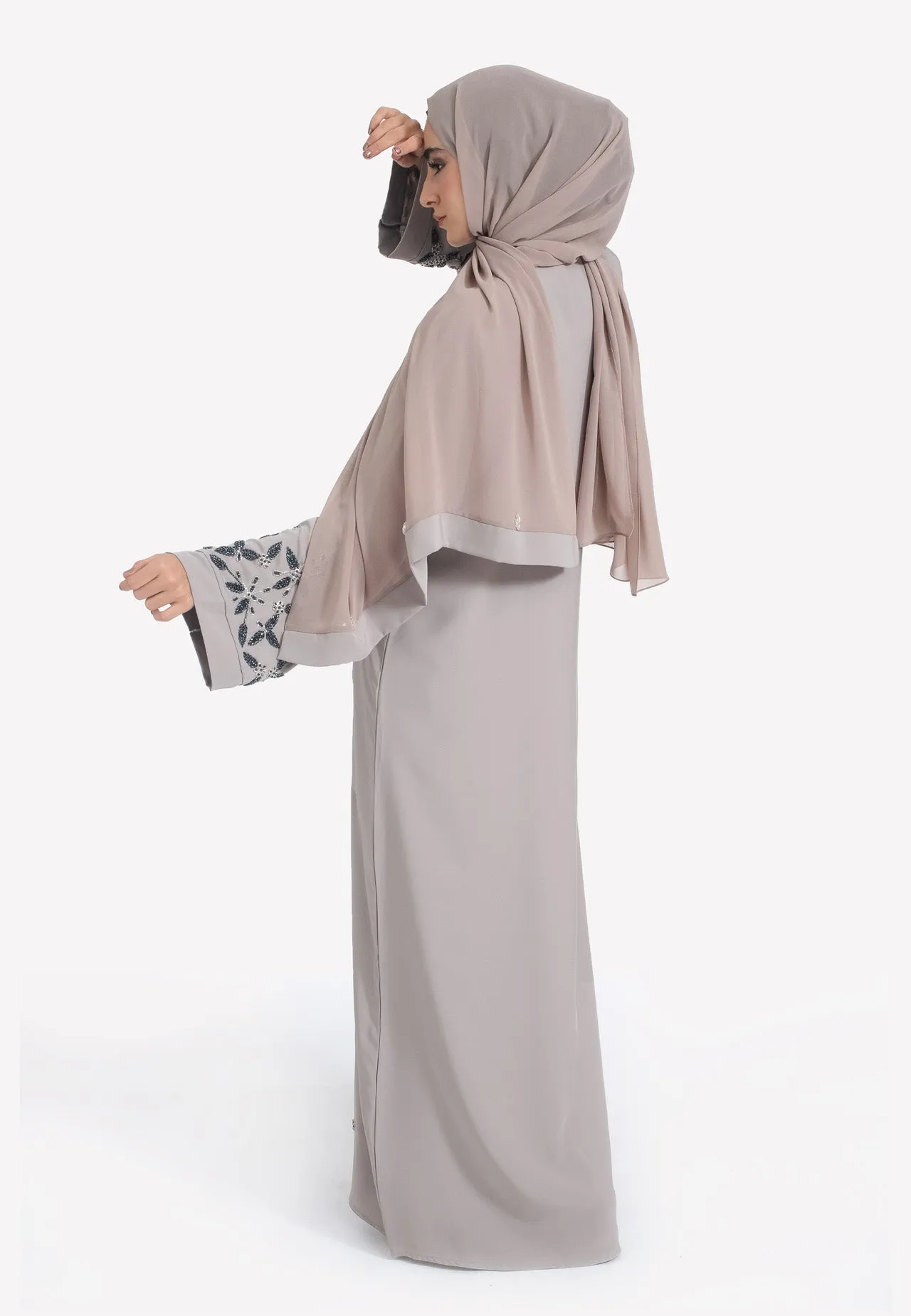 French Taupe Embellished Open Abaya