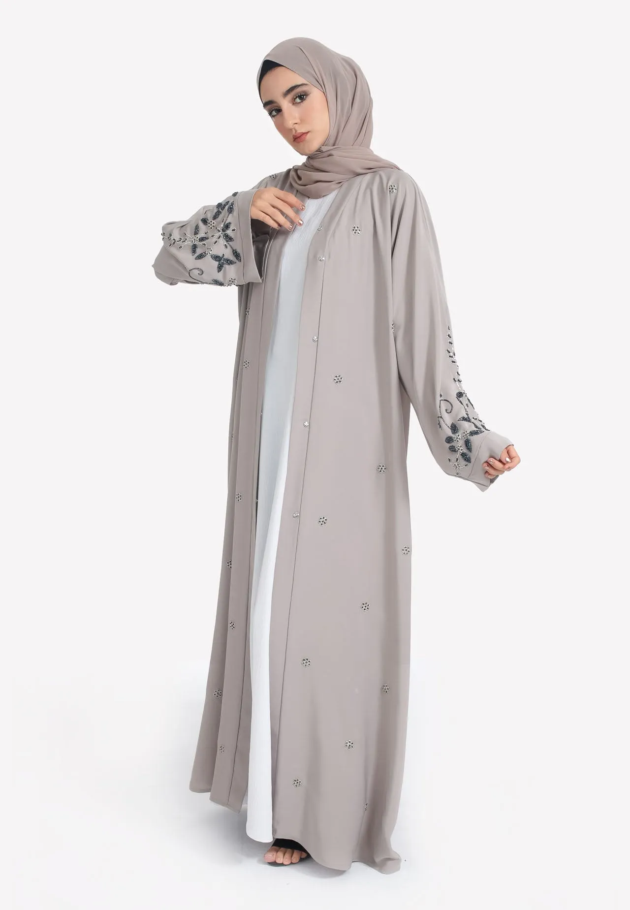 French Taupe Embellished Open Abaya