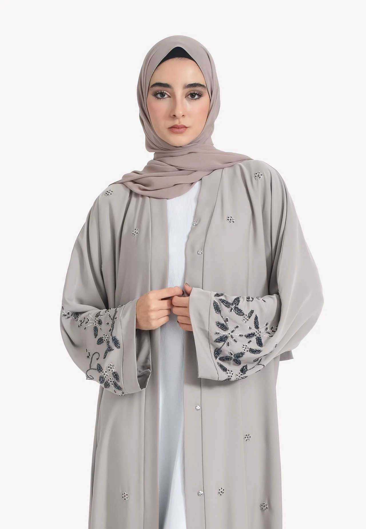 French Taupe Embellished Open Abaya
