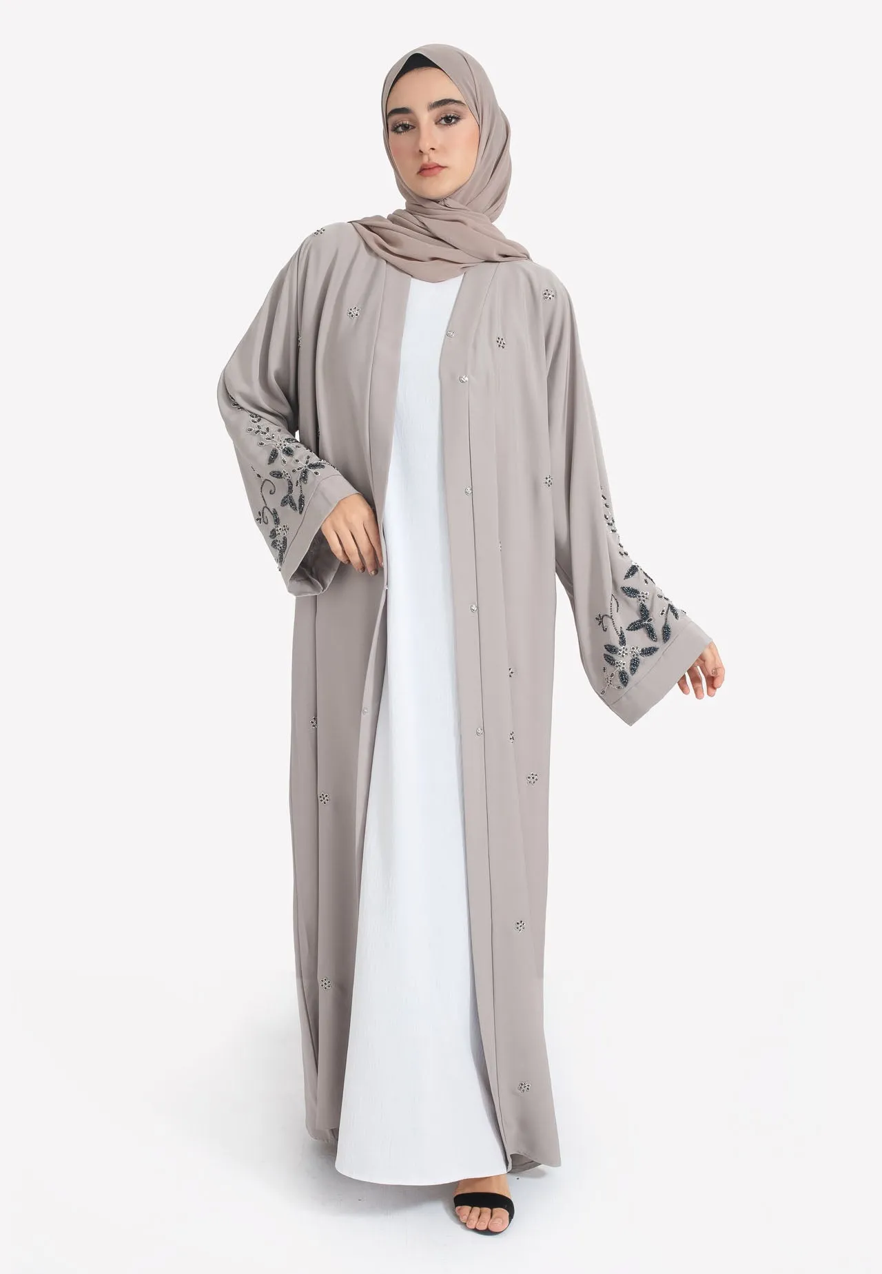 French Taupe Embellished Open Abaya