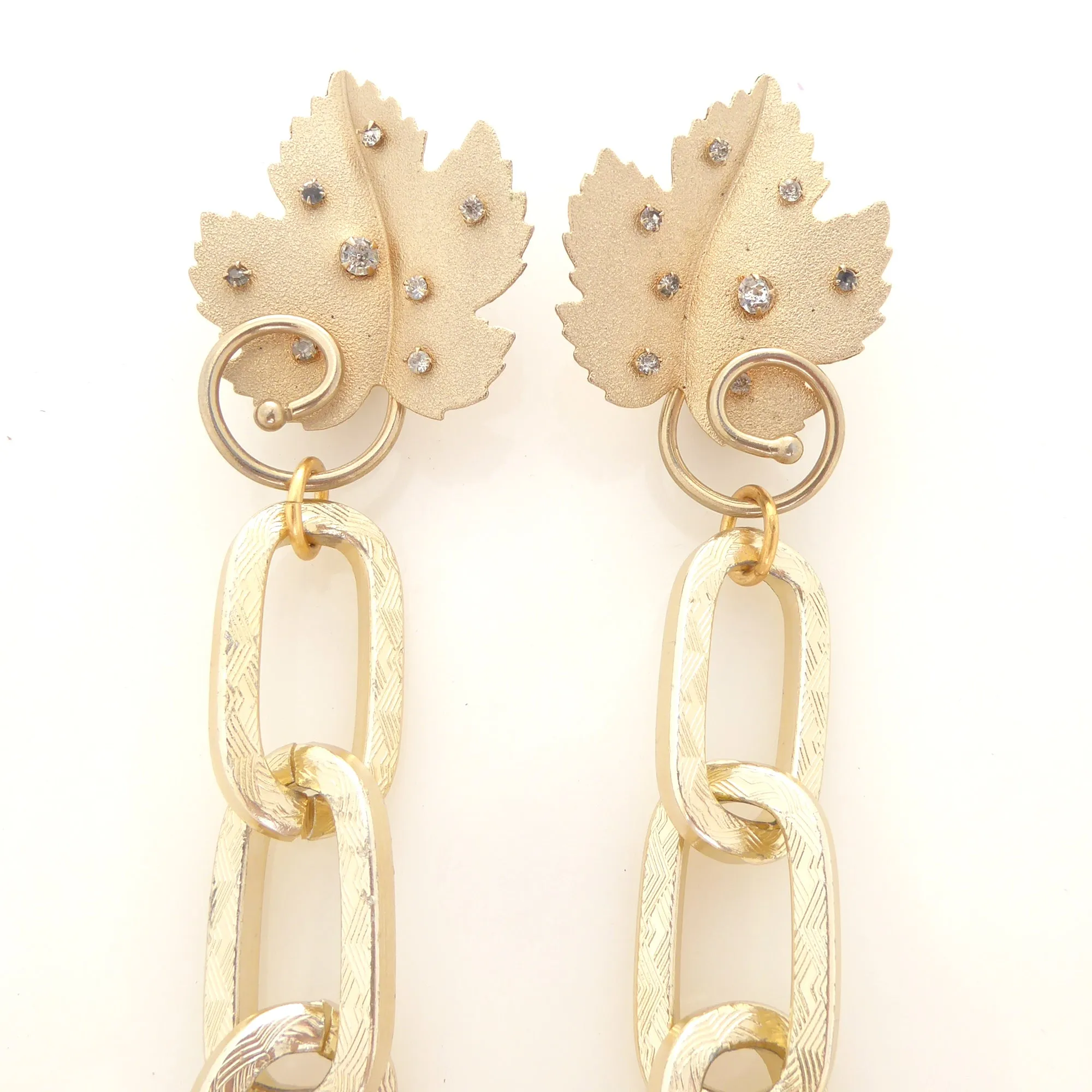 Gold rhinestone leaf earrings