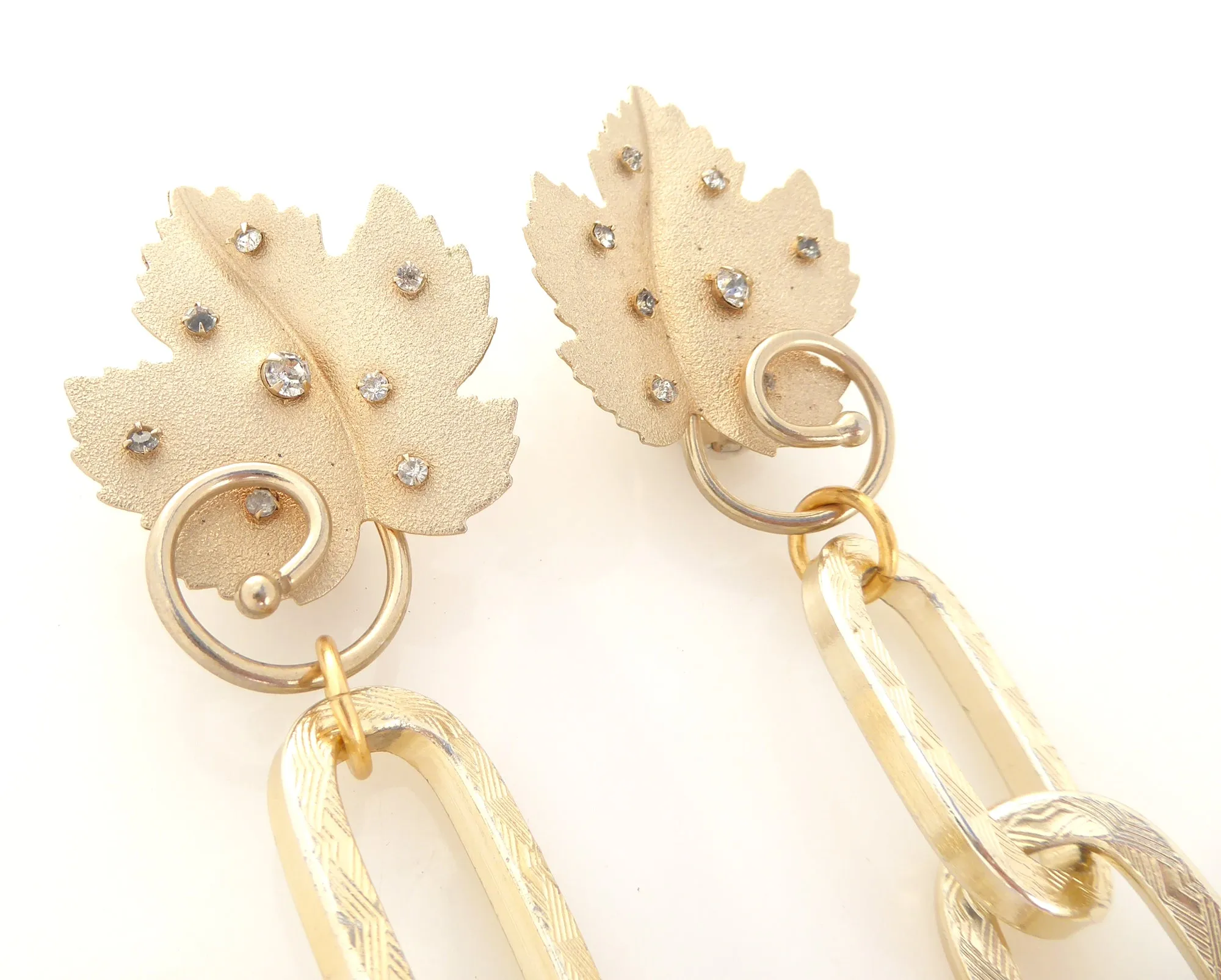 Gold rhinestone leaf earrings