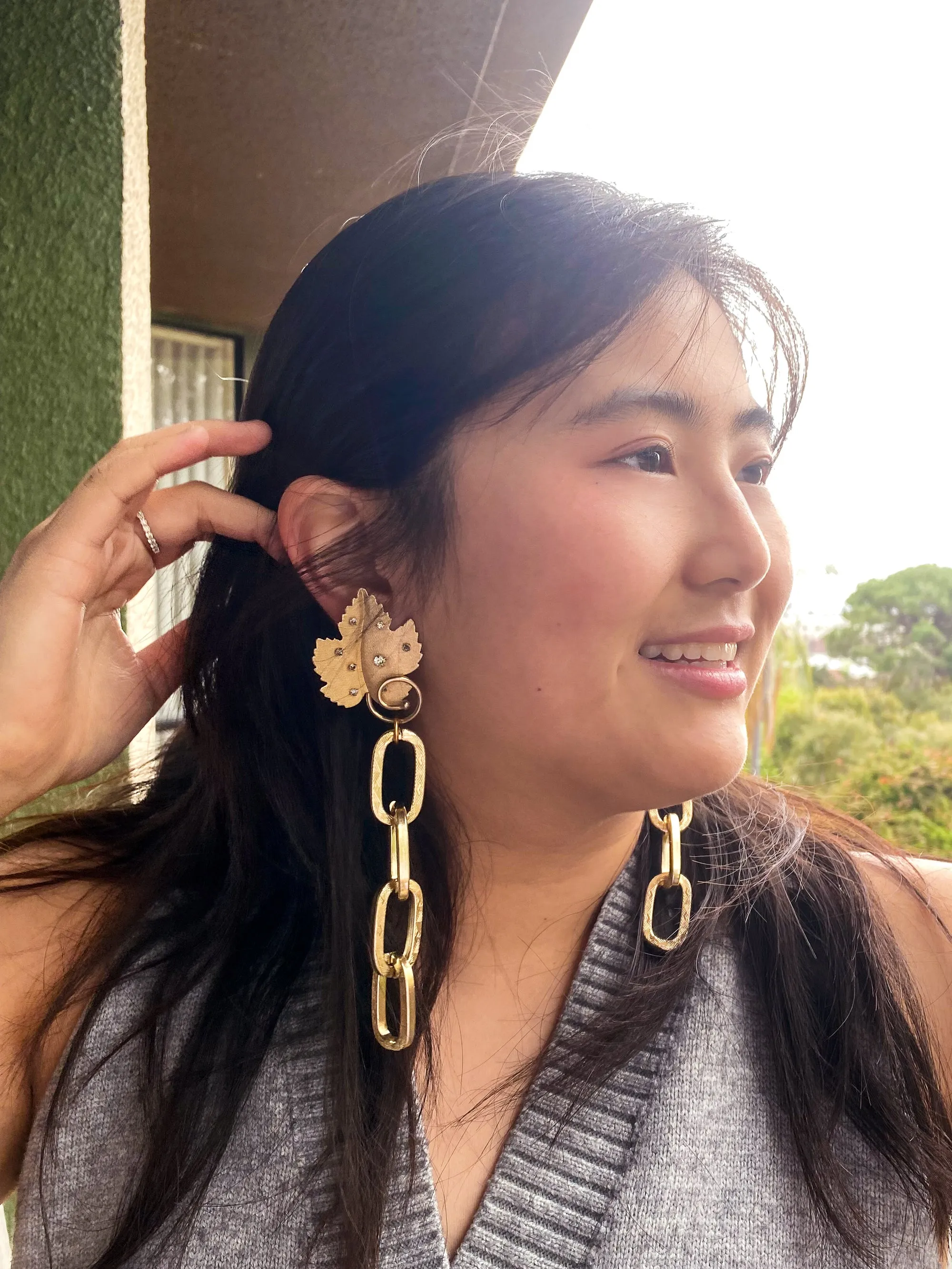 Gold rhinestone leaf earrings