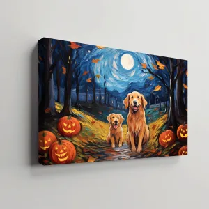 Golden Retrievers Dog 02 Halloween With Pumpkin Oil Painting Van Goh Style, Wooden Canvas Prints Wall Art Painting , Canvas 3d Art