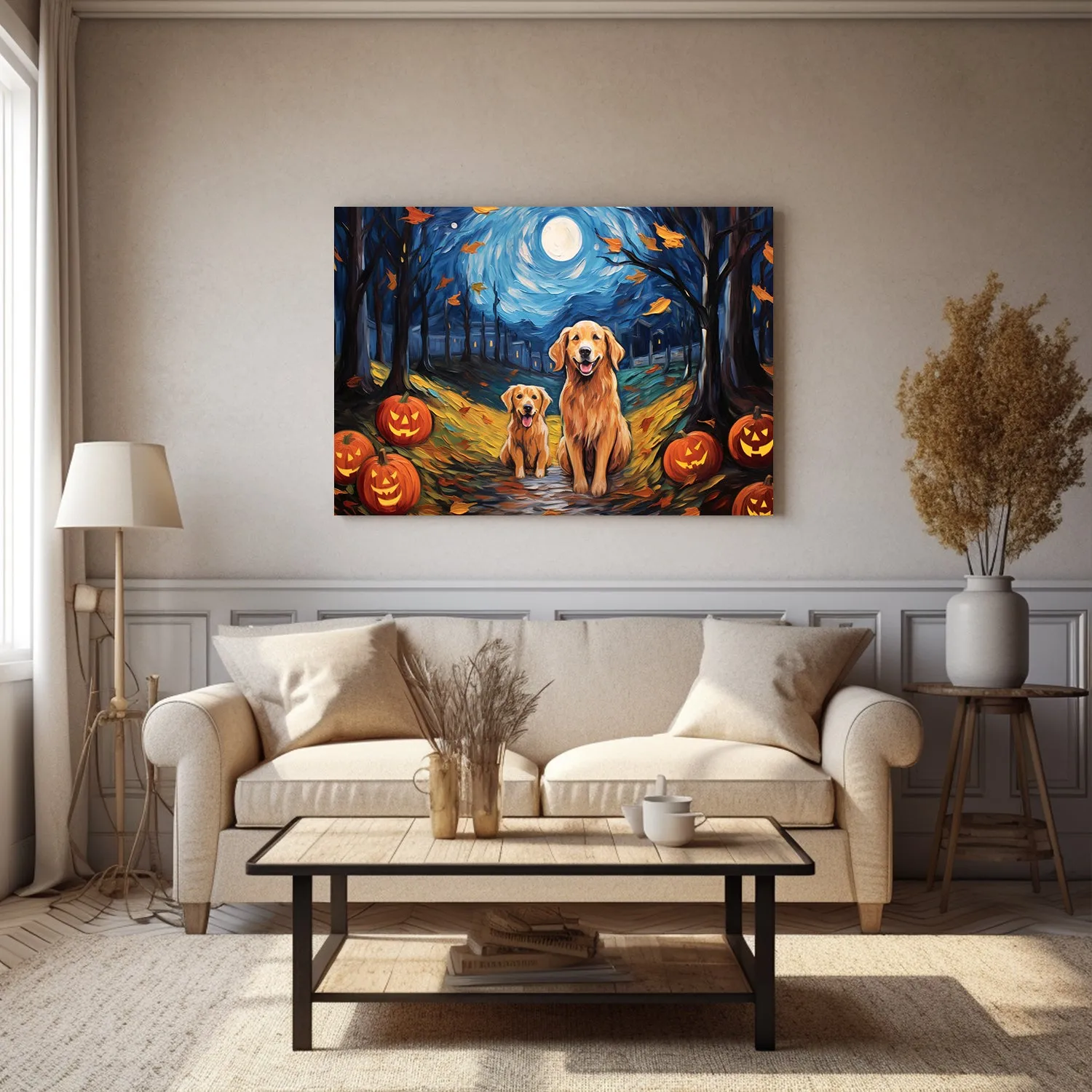 Golden Retrievers Dog 02 Halloween With Pumpkin Oil Painting Van Goh Style, Wooden Canvas Prints Wall Art Painting , Canvas 3d Art