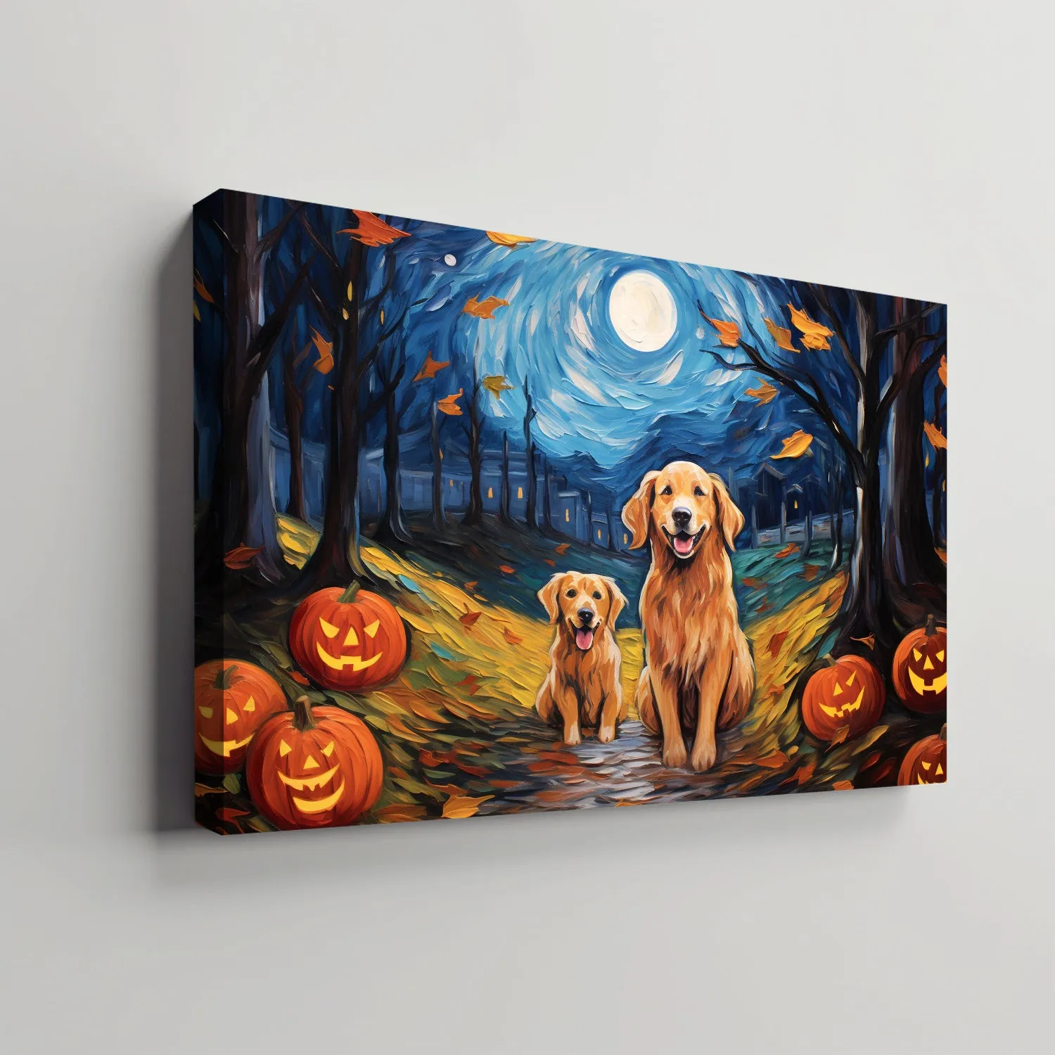 Golden Retrievers Dog 02 Halloween With Pumpkin Oil Painting Van Goh Style, Wooden Canvas Prints Wall Art Painting , Canvas 3d Art