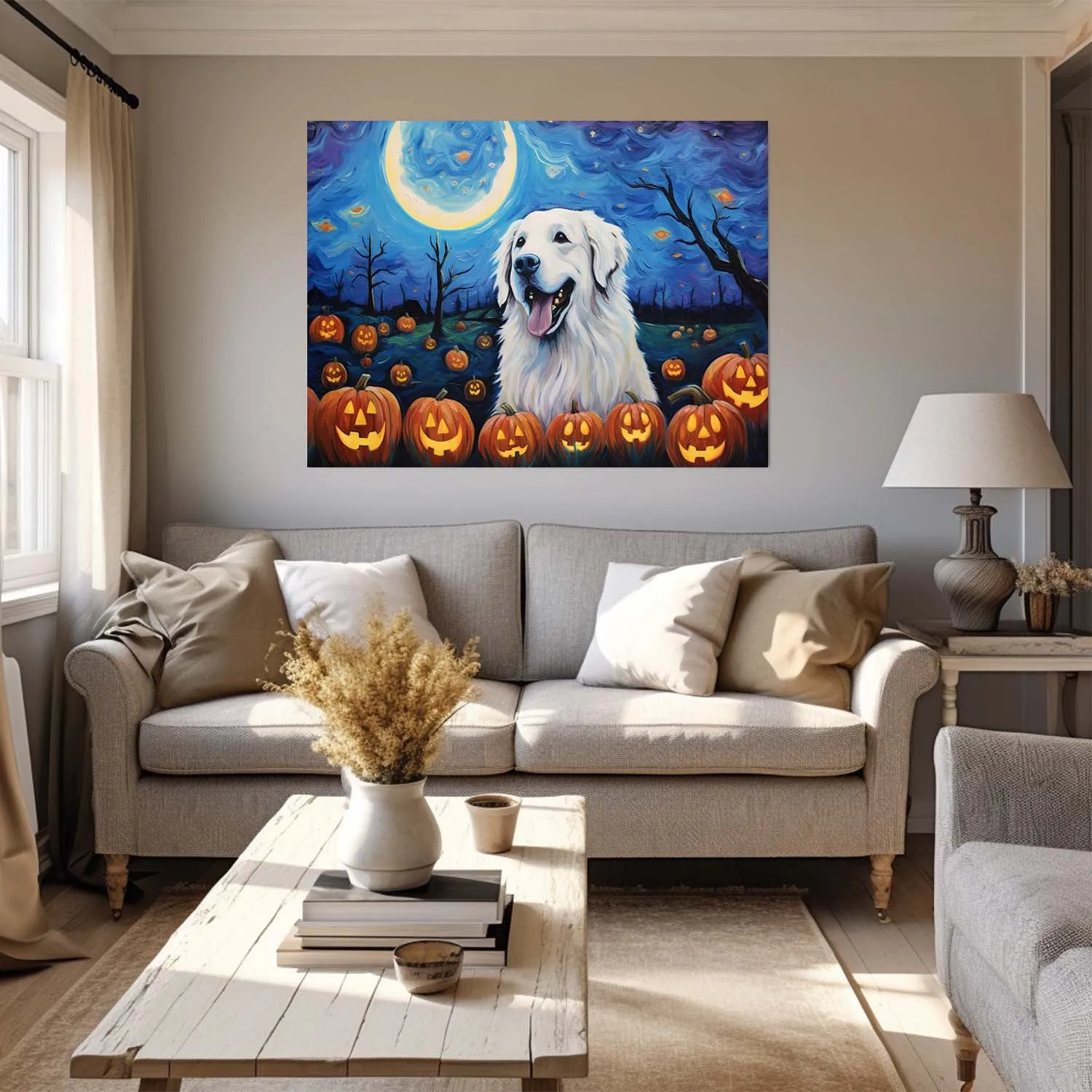 Great Pyrenees Dog 02 Halloween With Pumpkin Oil Painting Van Goh Style, Wooden Canvas Prints Wall Art Painting , Canvas 3d Art