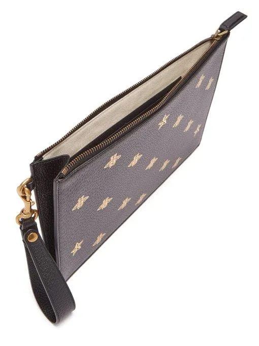 Gucci Bee Print Grained Leather Pouch In Brown