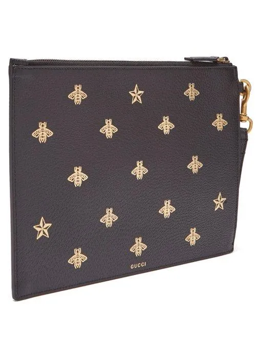 Gucci Bee Print Grained Leather Pouch In Brown
