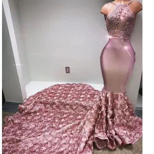 halter pink evening dresses long backless 3d flowers lace appliqué beaded sexy formal evening gown vestido de Longo