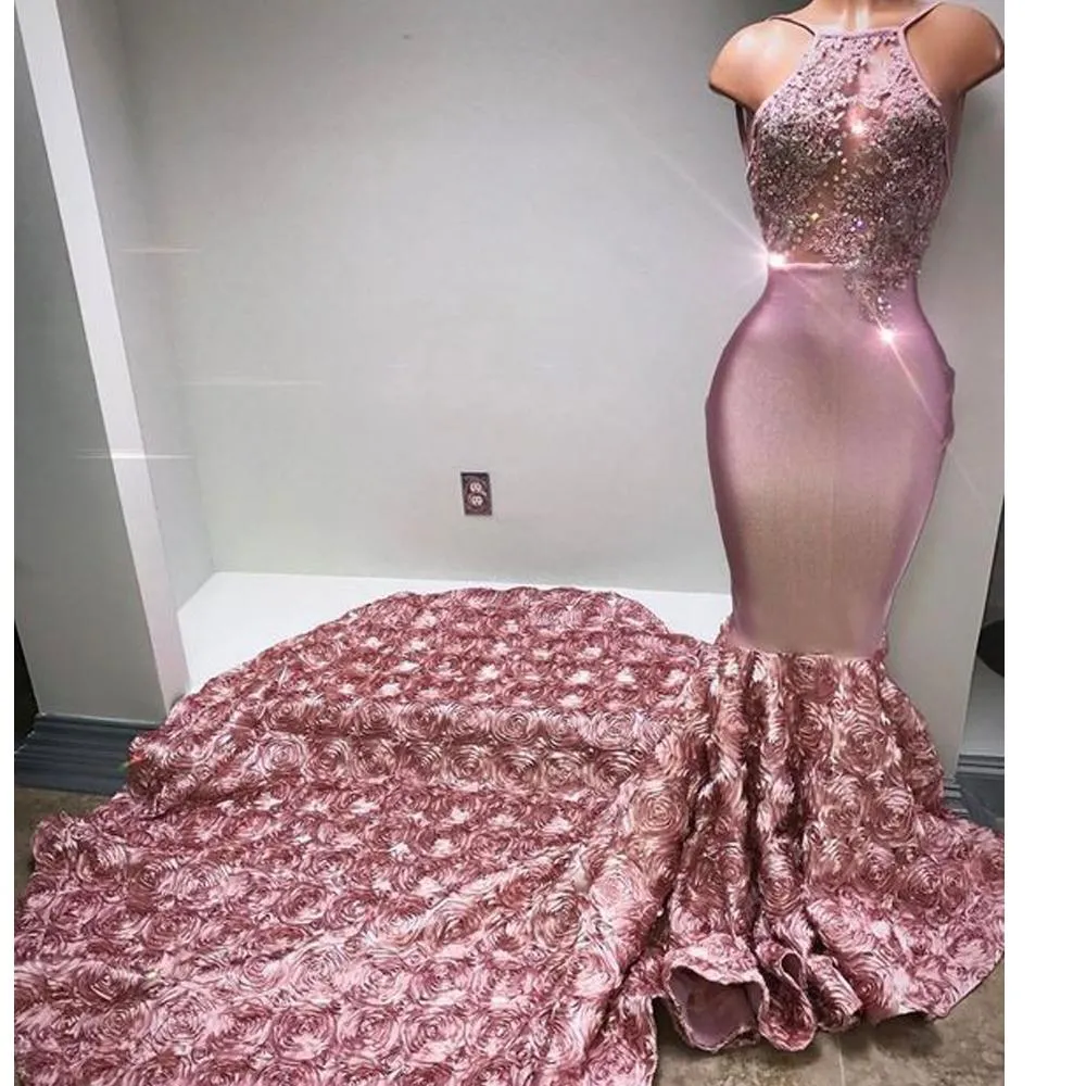 halter pink evening dresses long backless 3d flowers lace appliqué beaded sexy formal evening gown vestido de Longo