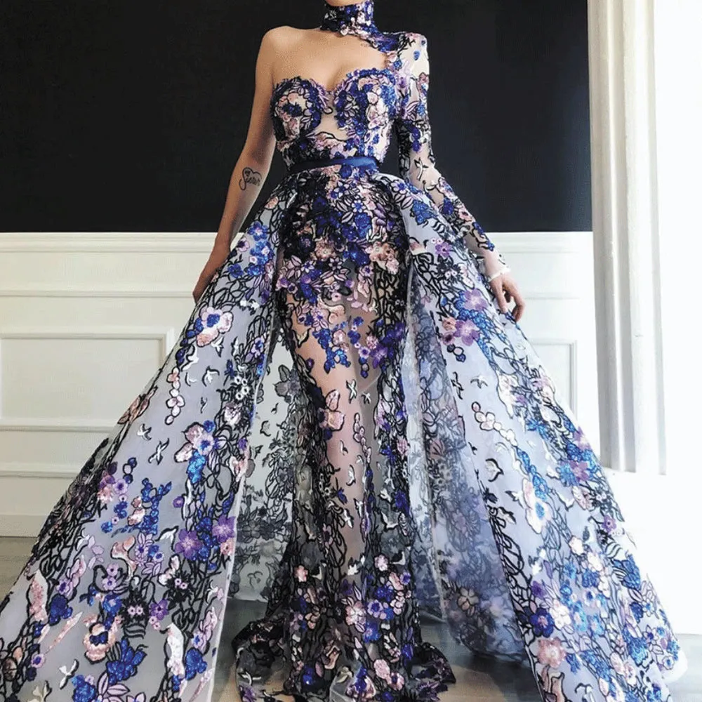 high neck evening dresses 2020 detachable skirt one shoulder embroidery appliqué elegant evening gown
